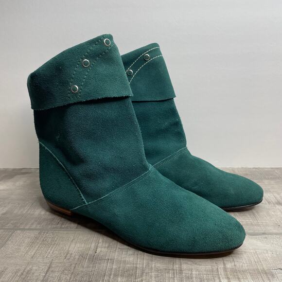 Vintage Hunter Green Suede Leather Point Toe Stud Peter Pan Ankle Boots sz 6 7 - Picture 10 of 10